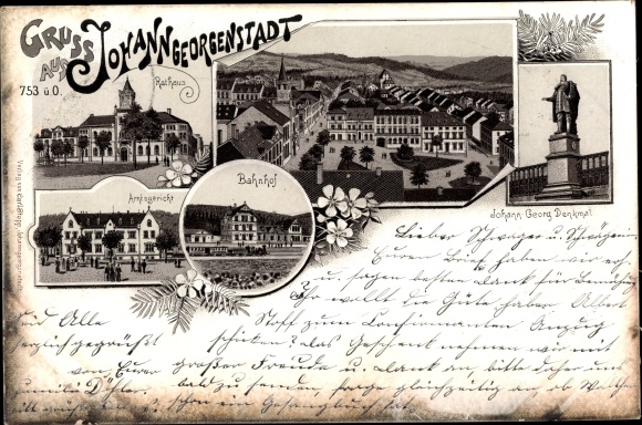 Chromo-Litho Johanngeorgenstadt in the Erzgebirge of Saxony, town hall, train station, district court, monument