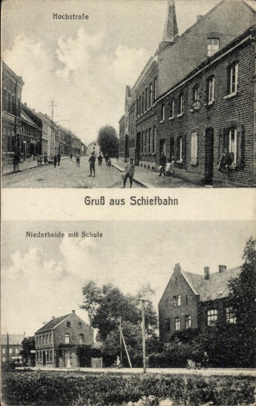 Postcard Schiefbahn Willich am Niederrhein, Hochstraße, greetings from Niederheide with school