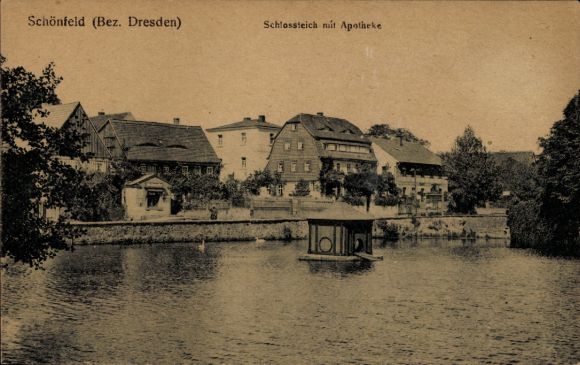 Ak Dresden Schönfeld Weißig, kasteelvijver, apotheek, gebouw
