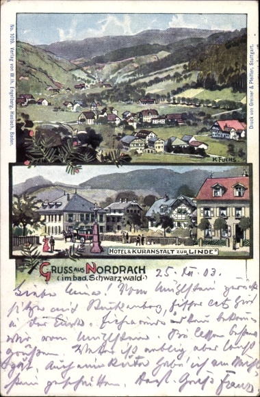 Künstler Litho Fuchs, Karl, Nordrach im Schwarzwald Baden, Hotel zur Linde, Blick auf den Ort