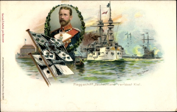 Kunstenaar litho Stöwer, Willy, Duits oorlogsschip, SMS Duitsland, vlaggenschip, Prins Heinrich