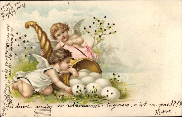 Litho Glückwunsch, Ostern, Engel, Ostereier