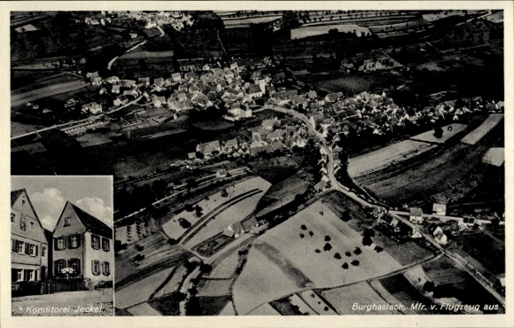 Postcard Burghaslach in Middle Franconia, aerial photograph, Konditorei Jeckel