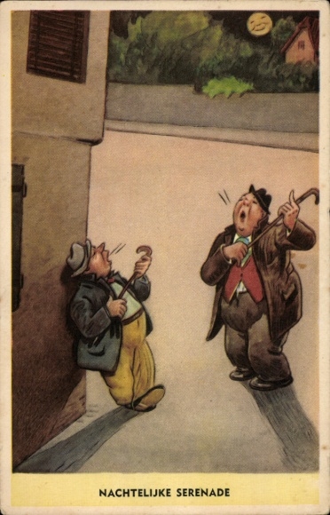Postcard Nighttime Serenade, two drunken men singing on the street