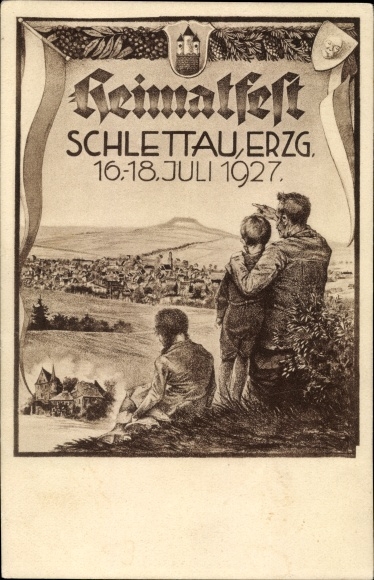 Wapenkunstenaarskaart Schlettau in het Ertsgebergte, panorama, thuisfeest 1927