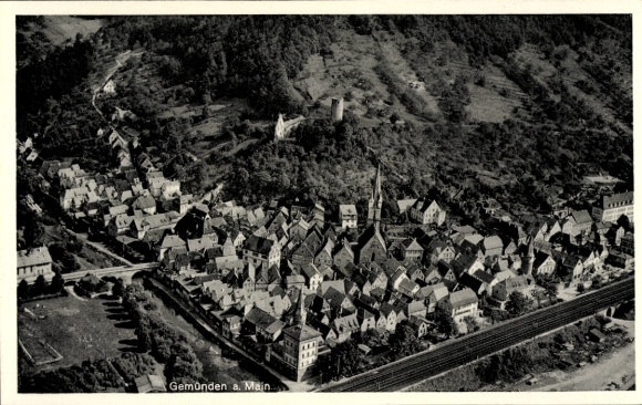 Postcard Gemünden am Main Lower Franconia, aerial photograph