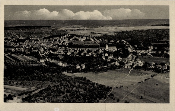 Postcard Köngen am Neckar, aerial view of landscape, houses, meadows
