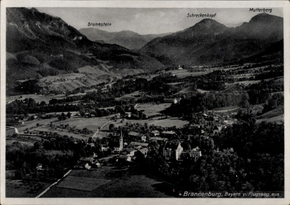 Postcard Brannenburg in Upper Bavaria, aerial view of Mutterberg, Schreckenkopf, Brunnstein