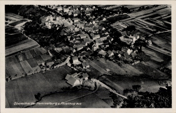 Postcard Obererthal Hammelburg in Lower Franconia Bavaria, aerial photograph, Obererthal, houses, fields