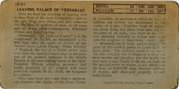 Stereofoto Het verlaten van het paleis van Versailles, Clemenceau, Wilson, Lloyd George