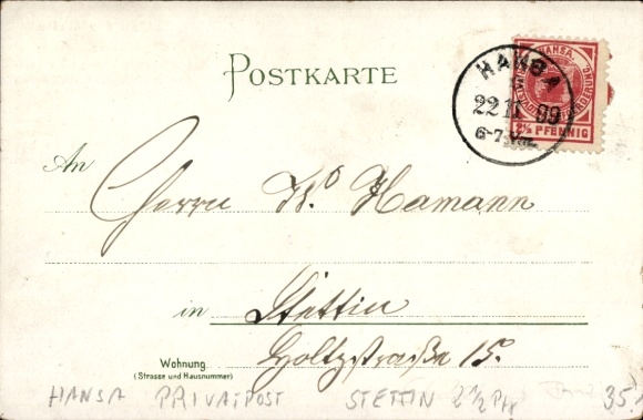 Poczta prywatna Hansa, Szczecin, prywatny transport miejski, 2 1/2 Pfennig