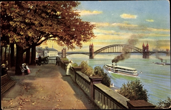 KP artysty Hoffmann, H., Bonn w Nadrenii Północnej-Westfalii, widok z dawnych zwyczajów, most, rzeka, łódź