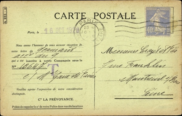 Postcard Assurez vous a La Prevoyance, Compagnie d'Assurances, Rue de Londres, Paris, insurance
