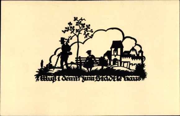 Paper cut song Postcard Schwindt, AM, Do I have to, do I have to go out to the Städele