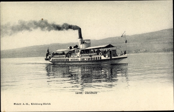 Briefkaart Zwitserland, Meer van Zürich, stoomboot Waldensweil
