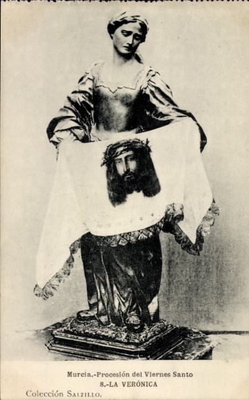 Postcard Murcia City Spain, procession, La Verónica, statue with cloth, Jesus image
