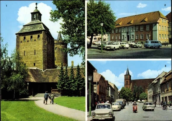 Postcard Bernau bei Berlin, Steintor and Hungerturm, town hall on Karl-Marx-Platz, Ernst-Thälmann-Strasse