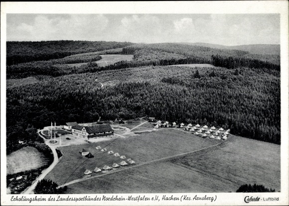Postcard Hachen Sundern in the Sauerland, aerial photo, convalescent home state sports association NRW, tents, forest