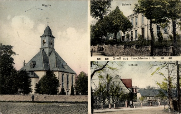 Ak Forchheim Pockau im Erzgebirge, Kirche, Schule, Schloss