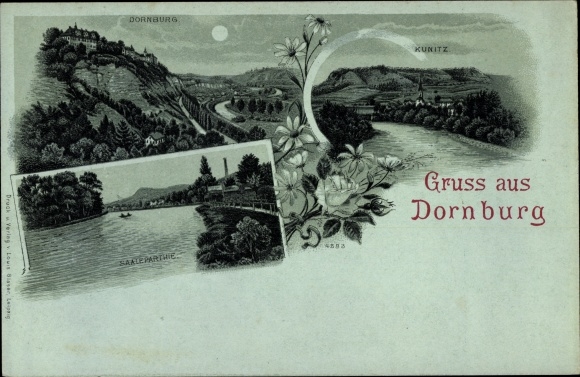 Moonlight Chromo-Litho Dornburg in Thuringia, Kunitz, Saalepartie