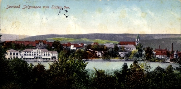 Postcard Bad Salzungen in the Wartburg district, view of the town from the south with lake