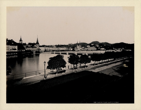 Photo around 1880, Lucerne city Switzerland, le pont neuf et le quai, view over the Reuss