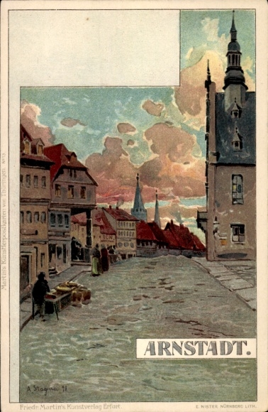 Ak Arnstadt in Thüringen, Stadtansicht mit Häusern und Wolken, Text 'ARNSTADT'