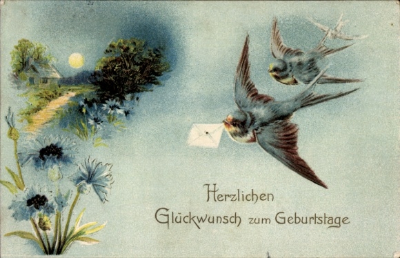 PC Dresden Bühlau, front of a birthday card with two swallows carrying a letter...