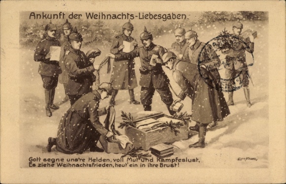 Künstler Ak Frohe Weihnachten, Soldaten, Ankunft der Weihnachts-Liebesgaben