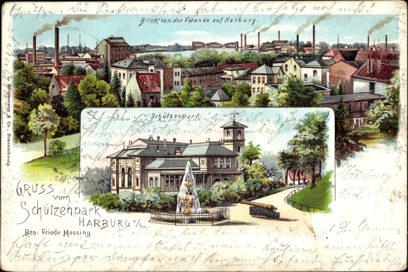 Chromo-Litho Hamburg Harburg, Schützenhaus, view of the town