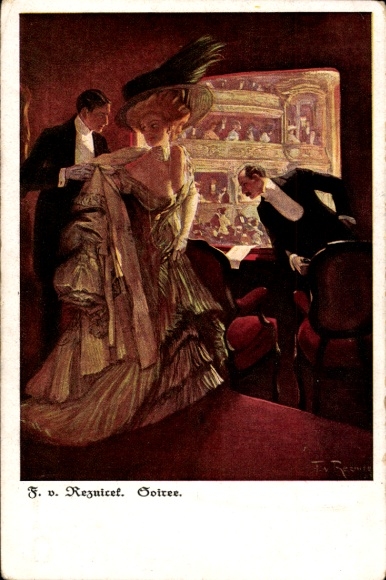 Künstler Ak Reznicek, Ferdinand von, Soiree, Dame im Abendkleid in der Oper