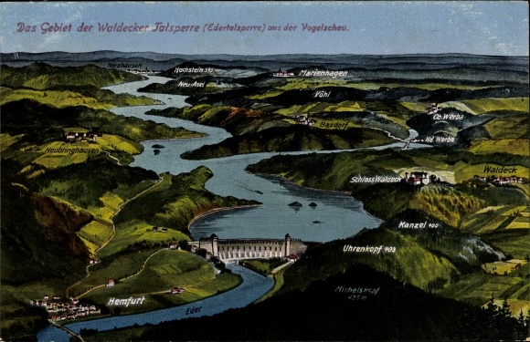 PC Hemfurth Edersee Edertal, Waldecker dam from a bird&#39;s eye view, clock head, pulpit