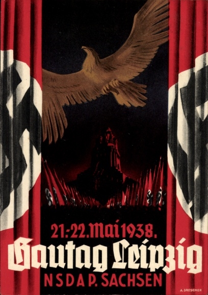 Ak Gautag der NSDAP Sachsen in Leipzig 21.- 22. Mai 1938, Adler, Völkerschlachtdenkmal, Fahnenzug