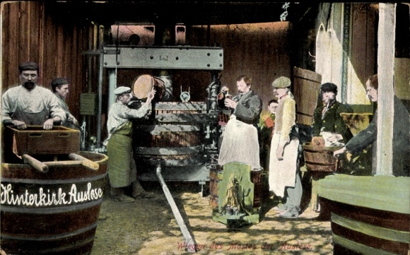Postcard Hinterkirk Auslese, wine press in use