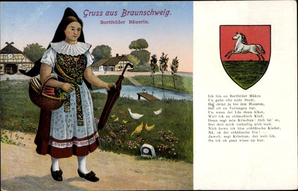 PC Braunschweig, Wendeburg, Bortfelder farmer&#39;s wife in costume, coat of arms, Ick am Bortfelder Mäken