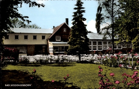 Postcard Meerbeck Lower Saxony, spa and restaurant Bad Hiddenserborn, terrace, garden