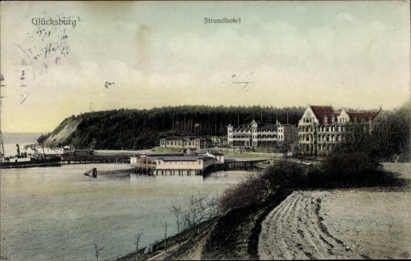 Postcard Glücksburg on the Baltic Sea, beach hotel, coastal landscape, building, lake