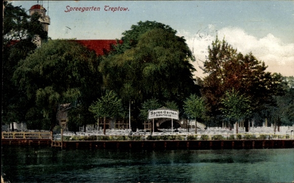 Ak Berlin Treptow Wuhlheide, Spreegarten  Wasseransicht, grüne Bäume, Restaurant