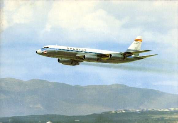 Postcard Spanish passenger aircraft of Spantax, Convair CV 990 A Coronado