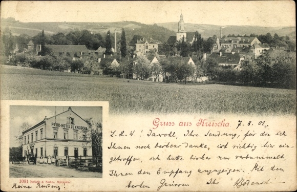 PC Kreischa in the Ore Mountains, general view with church, surroundings, park hotel, carriages