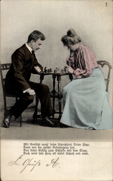 Postcard Man and woman playing chess, chess
