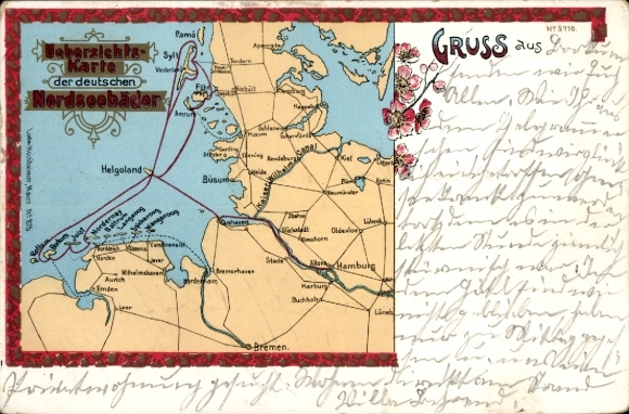 Lithokaarten van Duitse Noordzeeresorts, Sylt, Föhr, Büsum, Helgoland, Norderney