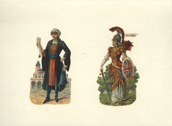 2 wafers Britannia and young woman with scrolls, each approx. 12.5 x 7 cm