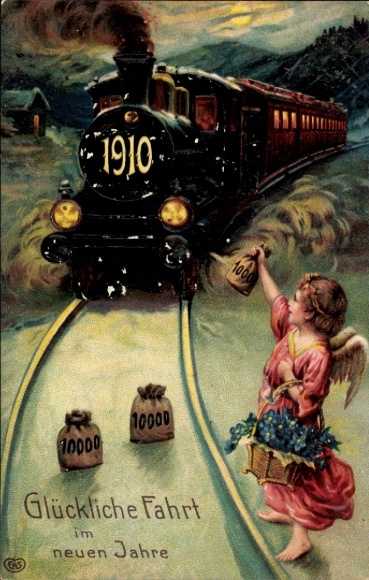 Embossed PC Happy New Year, angel, money bags, clover, steam locomotive