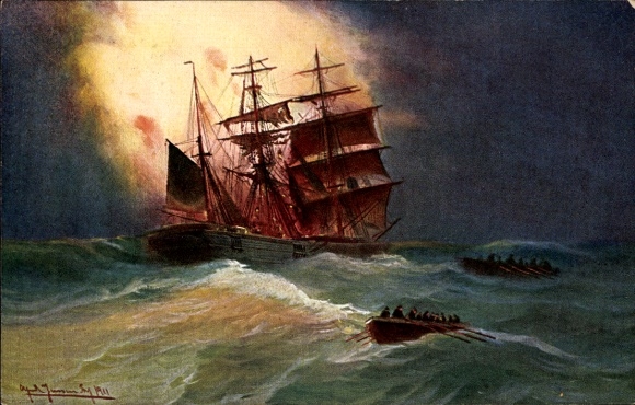 Artist Postcard Jensen, Alfred, sailing ship, explosion of the coal cargo