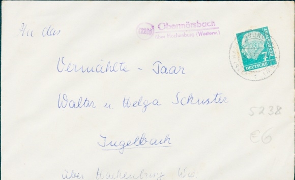 Country postmark (22b) Obermörsbach via Hachenburg Westerwald on cover, 1957