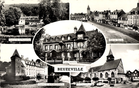 Postcard Beuzeville Eure, Chateau Saint Andre d'Hebertat, Market Square, Chalet Normand, Church