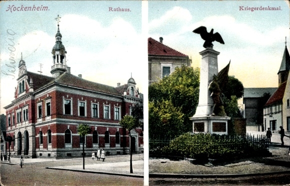 Postcard Hockenheim in Baden, town hall, war memorial