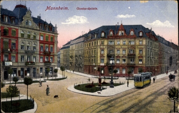 Postcard Mannheim in Baden, city view, Gontardplatz, s buildings, tram, trees