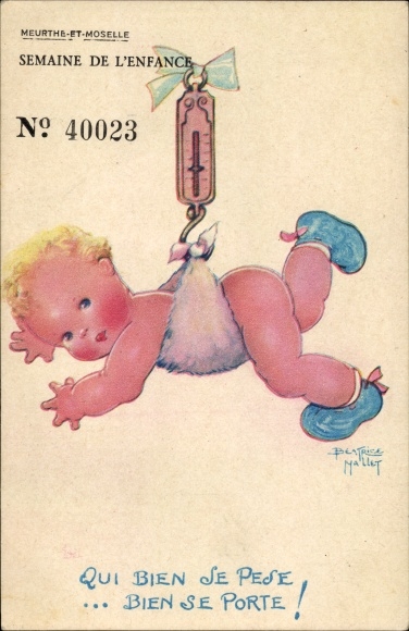 Artist Postcard Mallet, Beatrice, Baby is weighed, Child Care